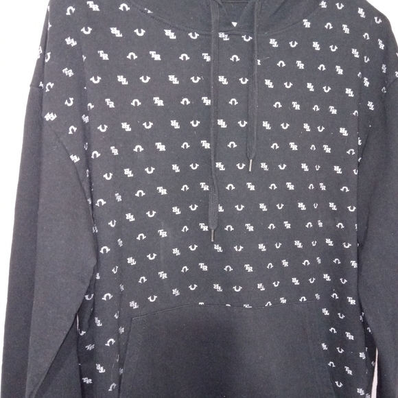 True Religion Hoodie Sweatshirt Men Size Large Monogram Logo All Over Black - Picture 2 of 8